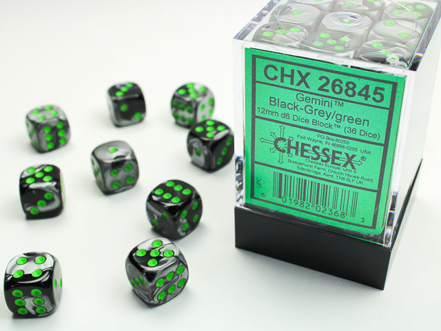 Chessex - 26845 Gemini Black-Grey/green 12mm d6 Dice Block (36 dice)