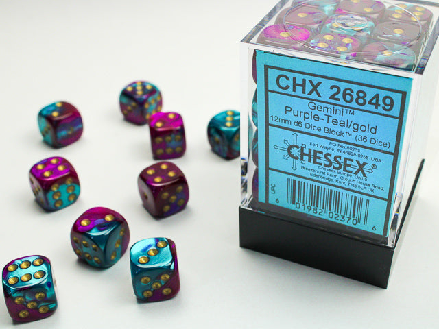 Chessex - 26849 Gemini Purple-Teal/gold 12mm d6 Dice Block (36 dice)