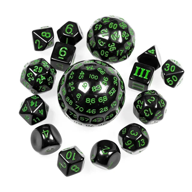 TwoFaad - 15 Piece set - Black Dice w/Green Numbers