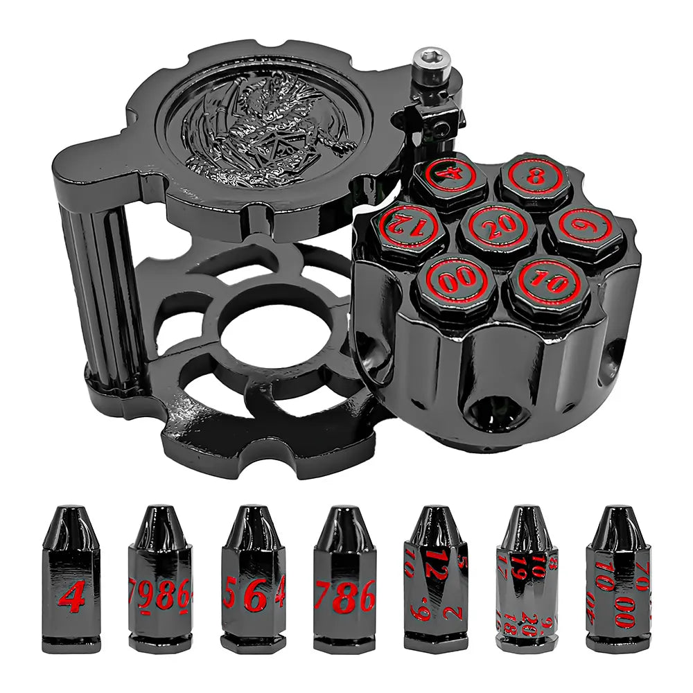 TwoFaad - Revolver Metal Bullet 7- Piece Dice Set Black w/ Red Numbers