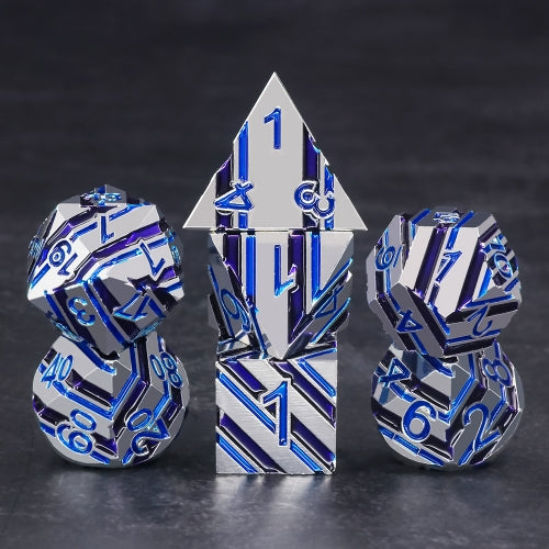 TwoFaad - Comet - Blue & Silver Striped Metal 7- Piece Dice Set