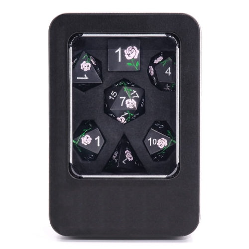 TwoFaad - Pink Rose on Black Metal 7 Dice Piece set