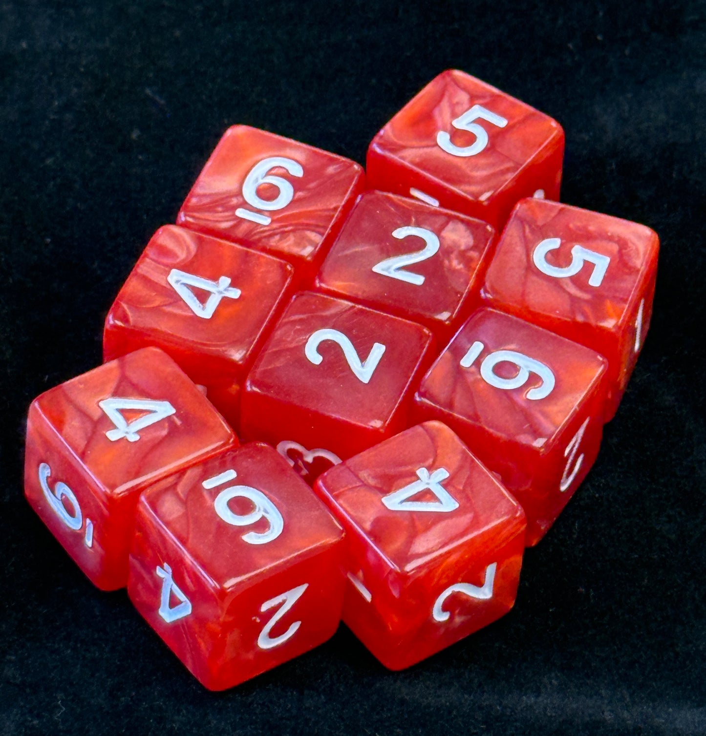 SkullSplitter D6 Set of 10 Red Marbled Dice w/White Numbers