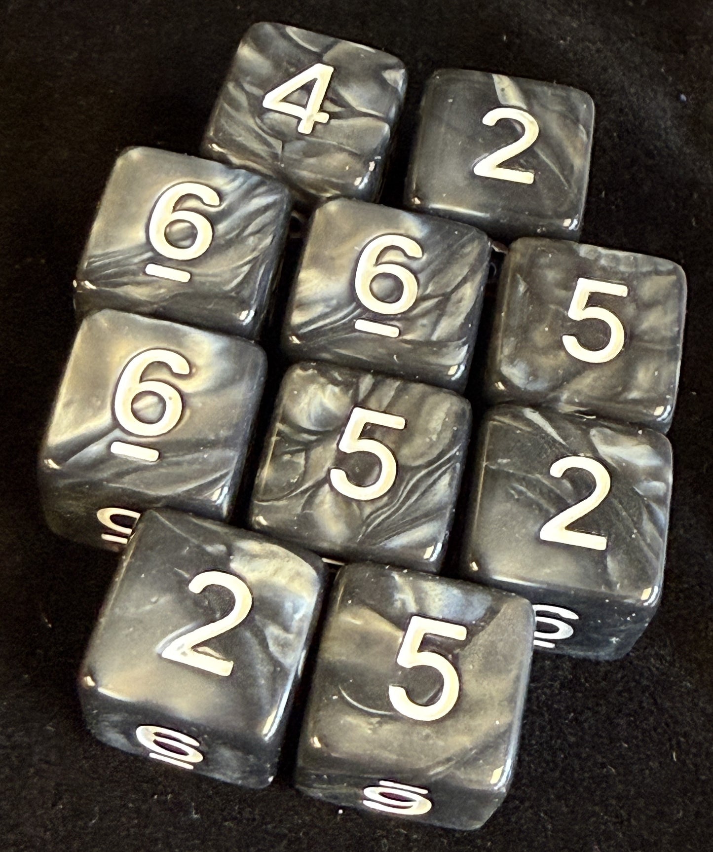 SkullSplitter D6 Set of 10 Black Marbled Dice w/White Numbers