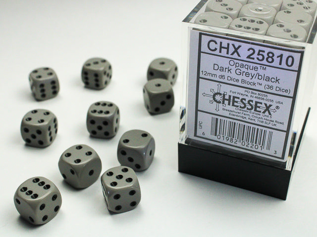 Chessex - 25810 Opaque Dark Grey/black 12mm d6 Dice Block (36 dice)