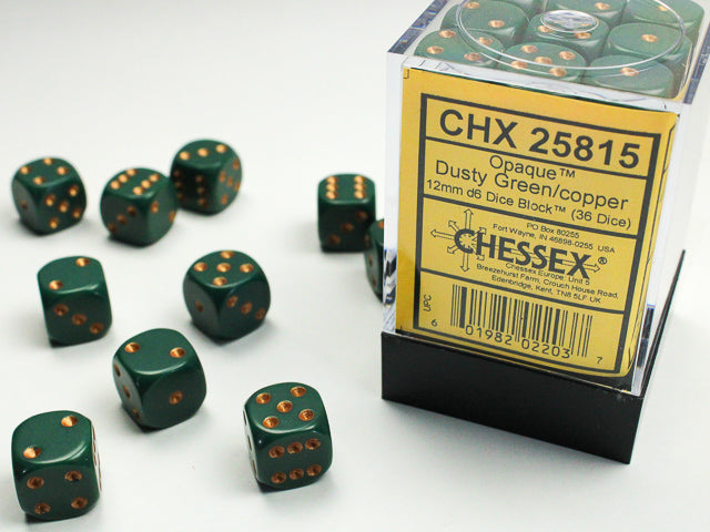 Chessex - 25815 Opaque Dusty Green/copper 12mm d6 Dice Block (36 dice)