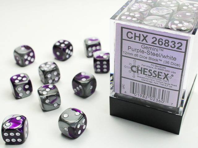 Chessex - 26832 Gemini Purple-Steel/white 12mm d6 Dice Block (36 dice)