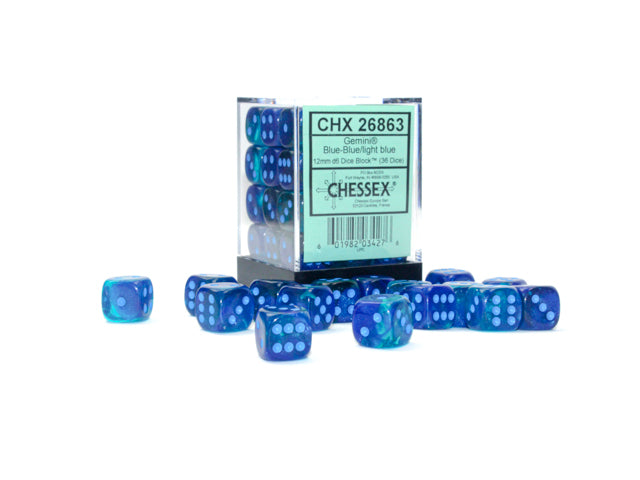 Chessex - 26863 Gemini Blue-Blue/light blue Luminary 12mm d6 Dice Block (36 dice)