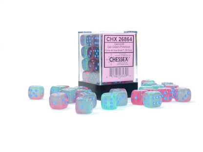 Chessex - 26864 Gemini Gel Green-Pink/blue Luminary 12mm d6 Dice Block (36 dice)