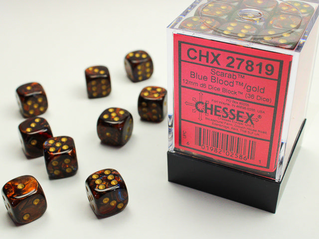 Chessex - 26819 Scarab Blue Blood/gold 12mm d6 Dice Block (36 dice)