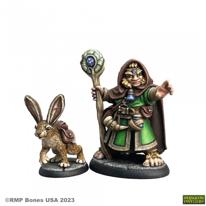 Reaper 07096 Hollis Grayheath and Verbena Halfling Druid and Hare Animal Companion