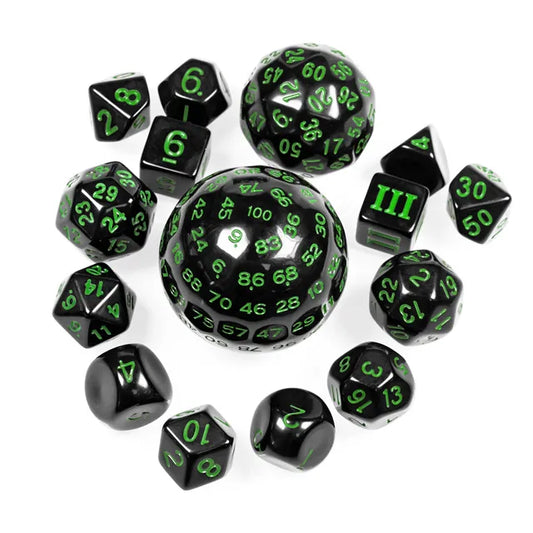 15 Piece Dice set - Black with Green Numbers