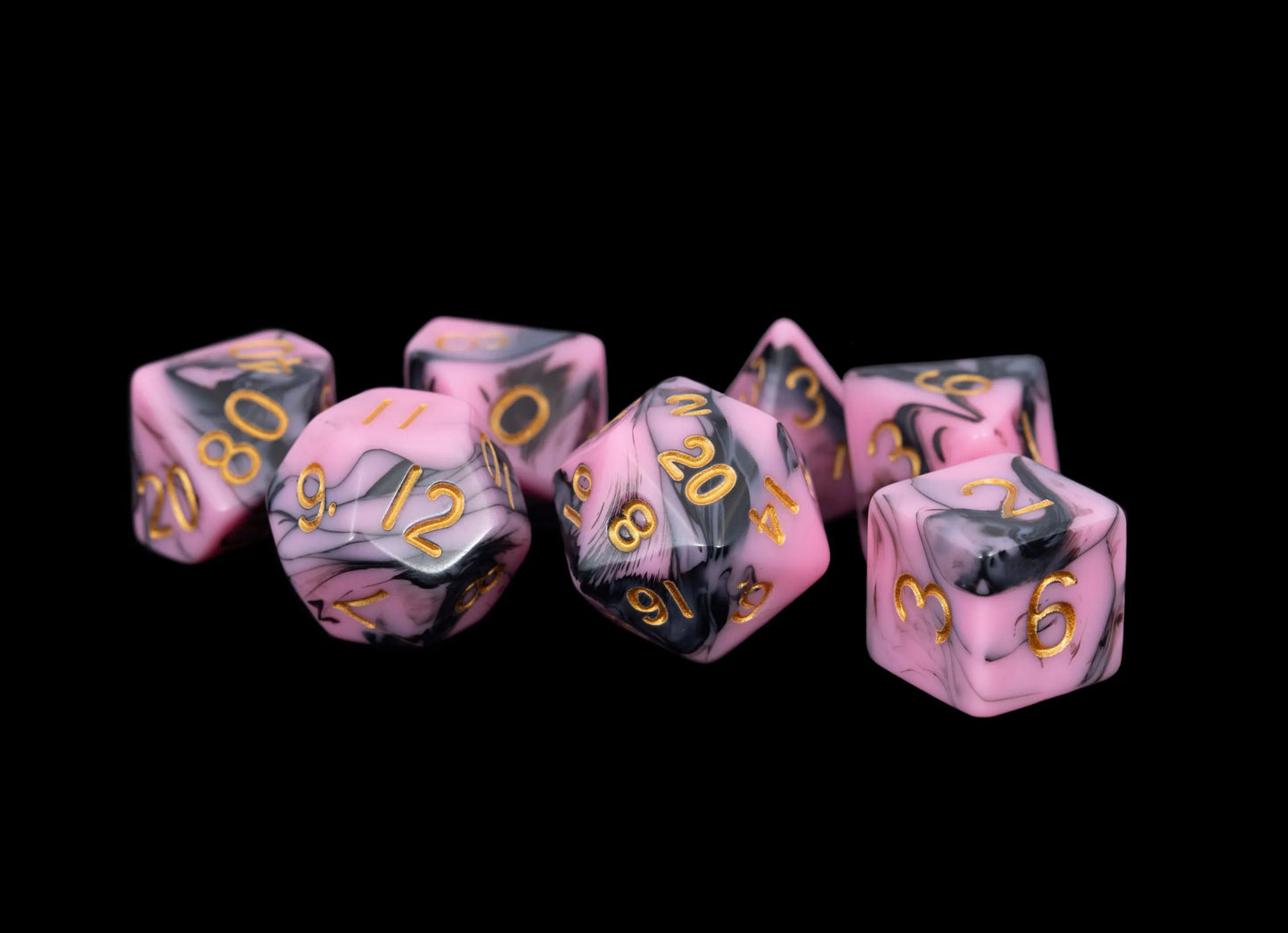 FanRoll LIC173 Pink and Black Marble with Gold Numbers 16mm Poly Dice Set