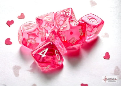 Chessex CHX20384 Mini-Polyhedral Transparent Pink w/white numbers.