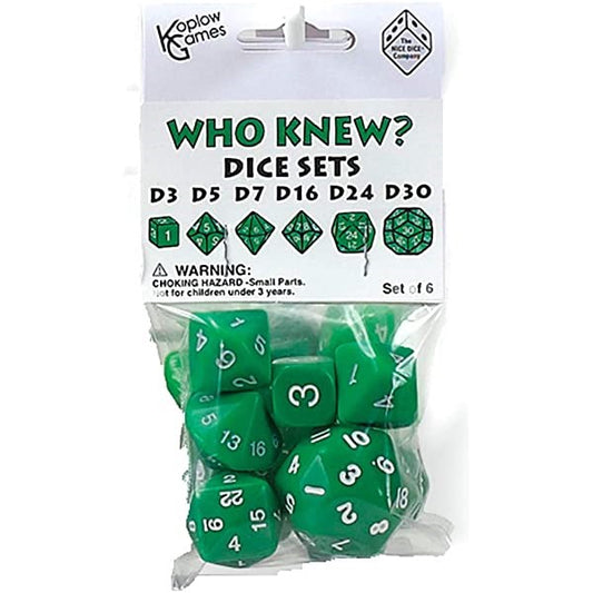 Koplow KPL17922 Who Knew? Dice Set Green w/white Numbers