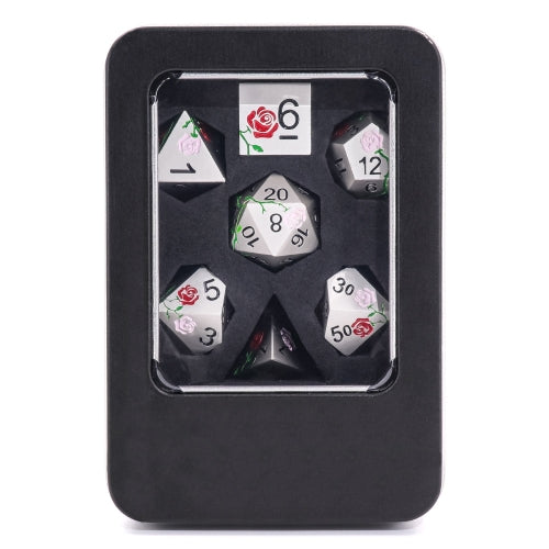 TwoFaad - Red/Pink Rose on Silver Metal 7 Dice Piece set