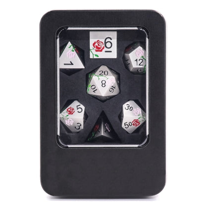 TwoFaad - Red/Pink Rose on Silver Metal 7 Dice Piece set