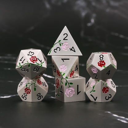 TwoFaad - Red/Pink Rose on Silver Metal 7 Dice Piece set