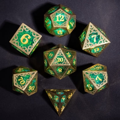 TwoFaad - Tyrell Gold & Green Metal & Resin 7- Piece Dice Set