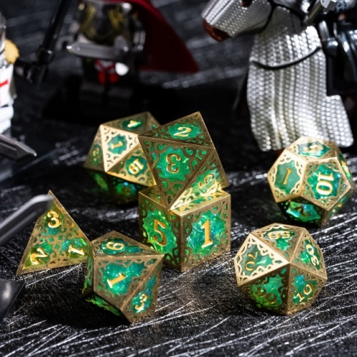 TwoFaad - Tyrell Gold & Green Metal & Resin 7- Piece Dice Set