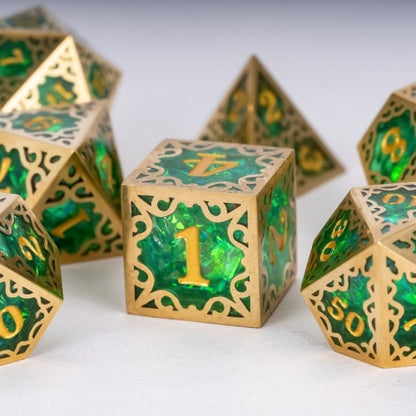 TwoFaad - Tyrell Gold & Green Metal & Resin 7- Piece Dice Set