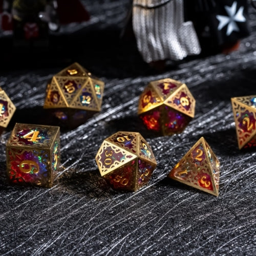 TwoFaad - Tully Gold, Red & Blue Metal & Resin 7- Piece Dice Set