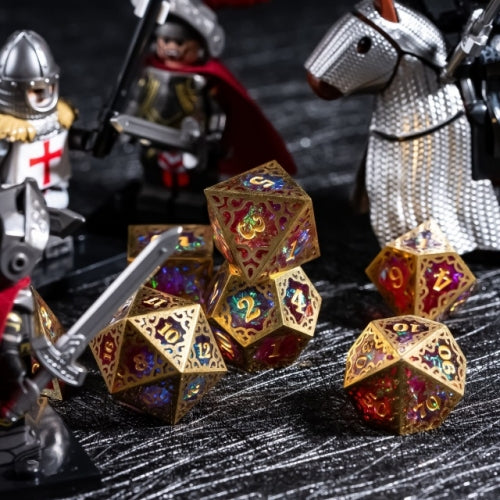 TwoFaad - Tully Gold, Red & Blue Metal & Resin 7- Piece Dice Set