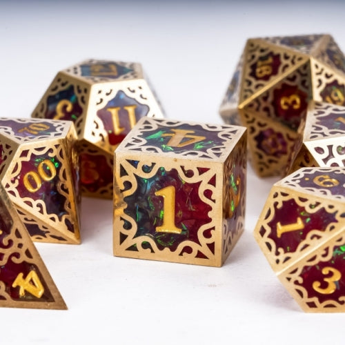 TwoFaad - Tully Gold, Red & Blue Metal & Resin 7- Piece Dice Set
