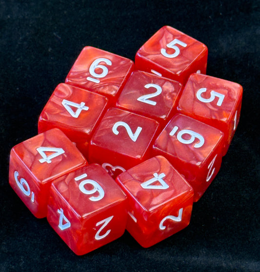 SkullSplitter D6 Set of 10 Red Marbled Dice w/White Numbers