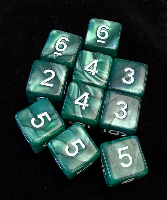SkullSplitter D6 Set of 10 Green Marbled Dice w/White Numbers