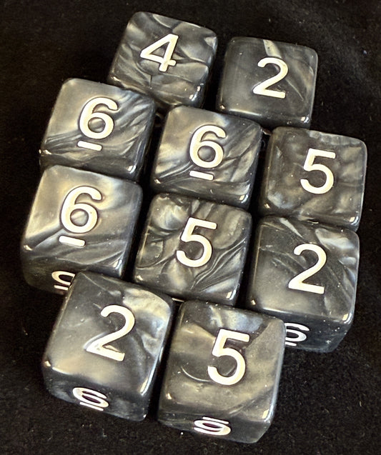 SkullSplitter D6 Set of 10 Black Marbled Dice w/White Numbers