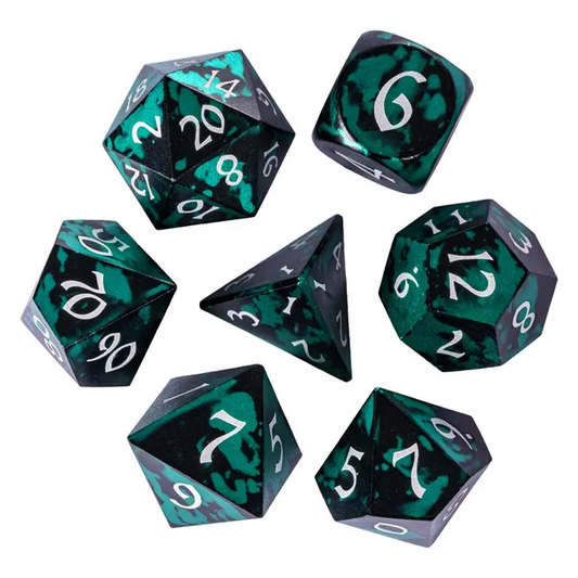 Green and Black Anodized Aluminum Dice w/ White Numbers