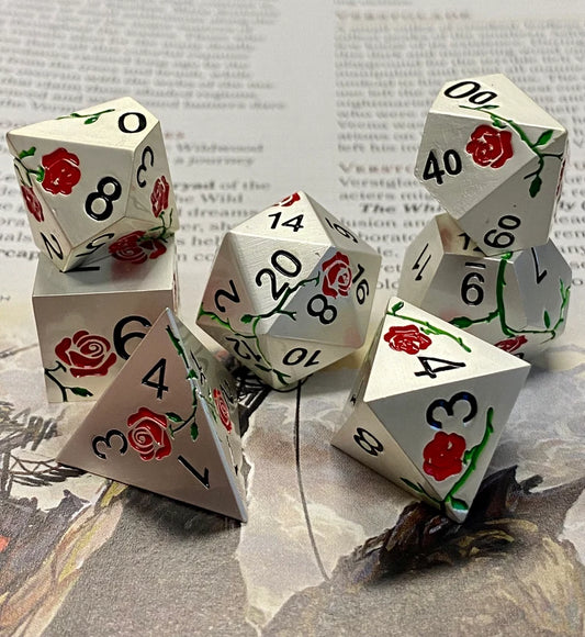 TwoFaad - Red Rose Mithril Dice w/ Black Numbers