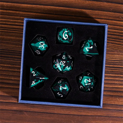 Green and Black Anodized Aluminum Dice w/ White Numbers
