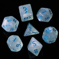 White Glitter Dice w/Blue Numbers