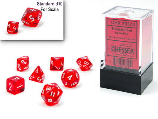 Chessex CHX20374 Mini-Polyhedral Transparent Red w/ White numbers.