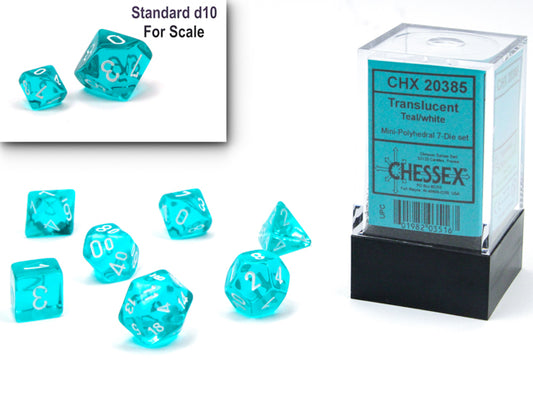 Chessex CHX20385 Mini-Polyhedral Transparent Teal w/ White numbers.