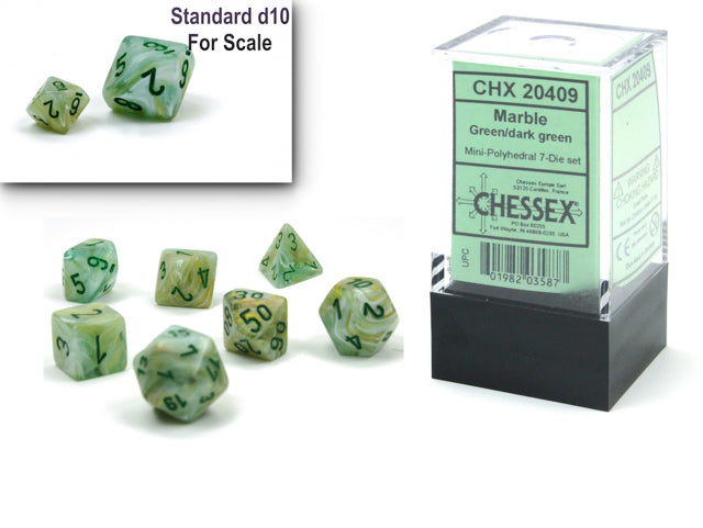 Chessex CHX20409 Mini-Polyhedral Green Marble w/ Dark Green numbers.