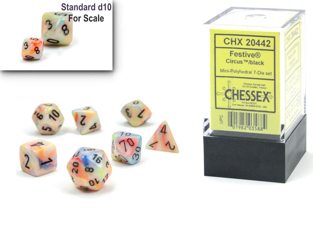Chessex CHX20442 Mini-Polyhedral Festive Circus w/ Black numbers.