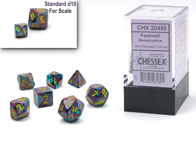 Chessex CHX20450 Mini-Polyhedral Festive Mosaic w/ Yellow numbers.