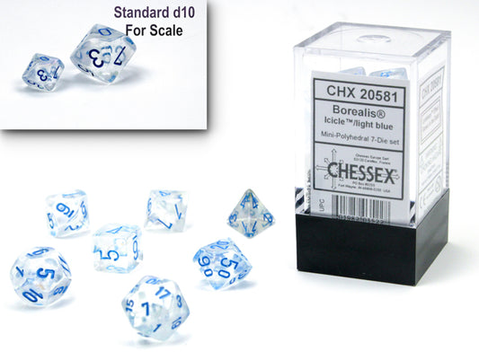 Chessex CHX20581 Mini-Polyhedral Borealis Icicle w/ Blue numbers.