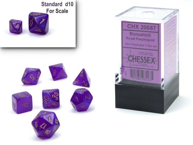 Chessex CHX20587 Mini-Polyhedral Borealis Royal Purple w/ Gold numbers.