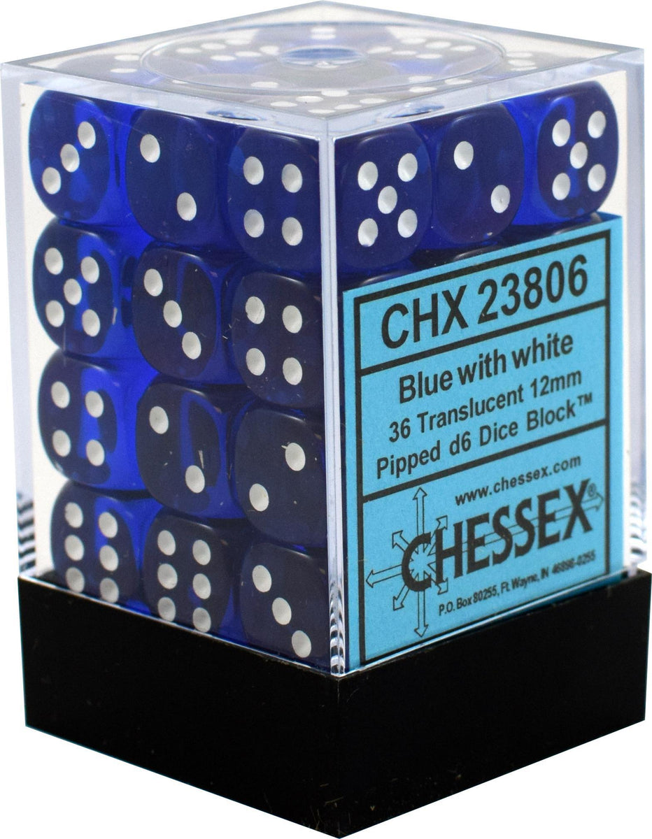 Chessex 25806 D6 Cube 12mm Blue Dice w/ White Pips