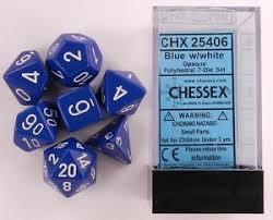 CHX25406 Opaque Blue w/ White numbers Standard set of 7 dice.