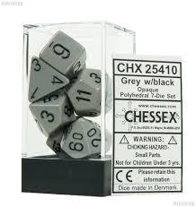 CHX25410 Opaque Grey w/ Black numbers Standard set of 7 dice.