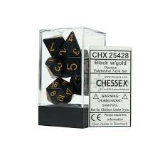CHX25428 Opaque Black w/ Gold numbers Standard set of 7 dice.