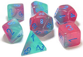 CHX30023 Lab Dice Gemini Gel Green-Pink dice w/ Blue numbers