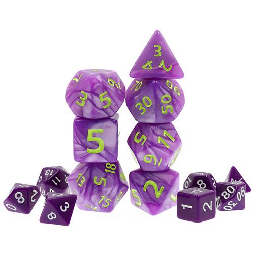 TwoFaad - Mega Dice - 30mm Purple Swirl Dice w/Green Numbers 7-piece RPG Set