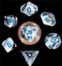 MDG LIC41032 Mini Marble Black & White dice w/ Blue numbers