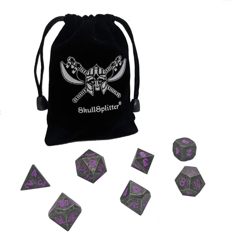 SkullSplitter Metal Dice Sets Gray w/Purple Numbers